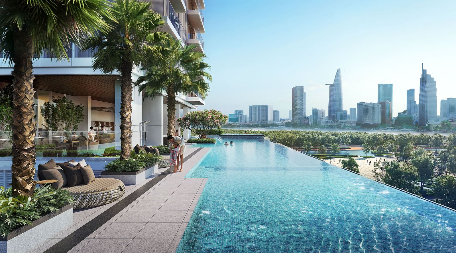 Panoramic view of residents enjoying infinity pool overlooking District 1 at The Metropole Thu Thiem